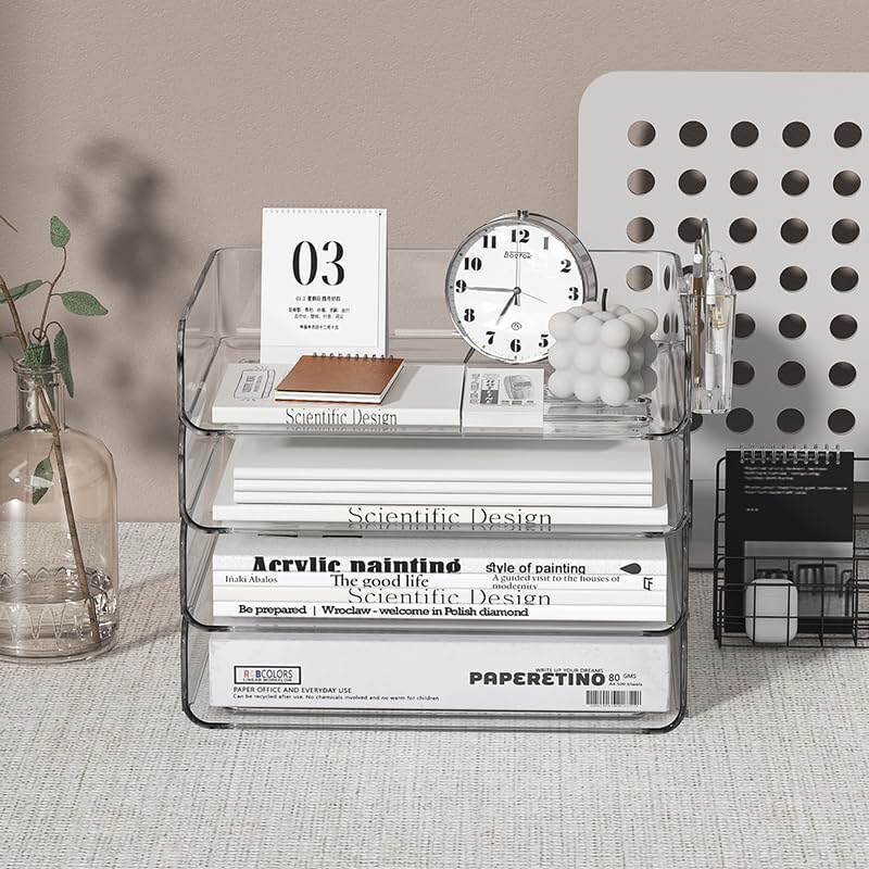 4-Tier Stackable Paper Tray Organizer for Desk with Detachable Hanging Pen Cup - Durable PET Desktop Paper Organizer, Space-Saving Desk Accessory