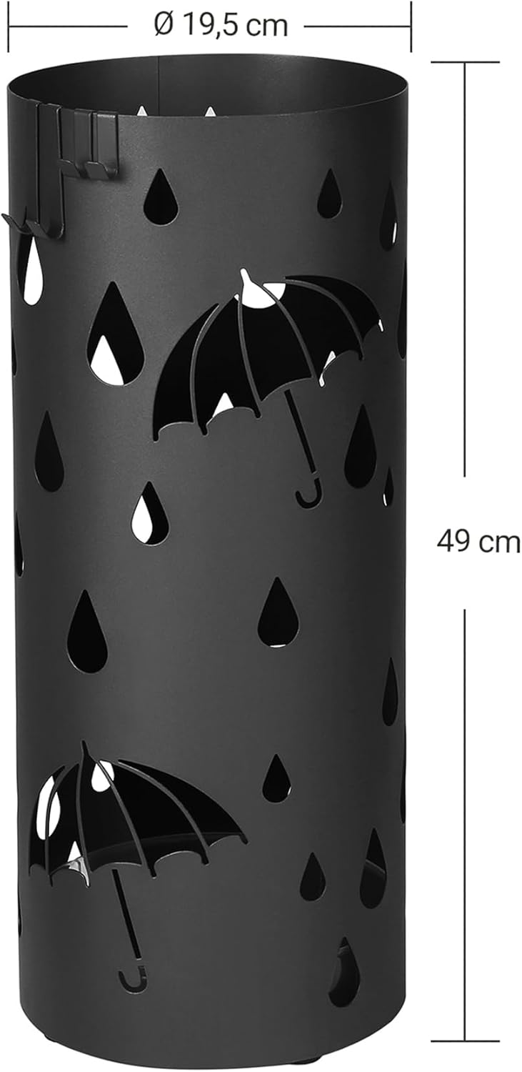 SONGMICS Umbrella Stand, Metal Umbrella Holder for Entryway, with Water Tray and 4 Hooks, 7.7 x 7.7 x 19.3 Inches, Round, Ink Black ULUC23B