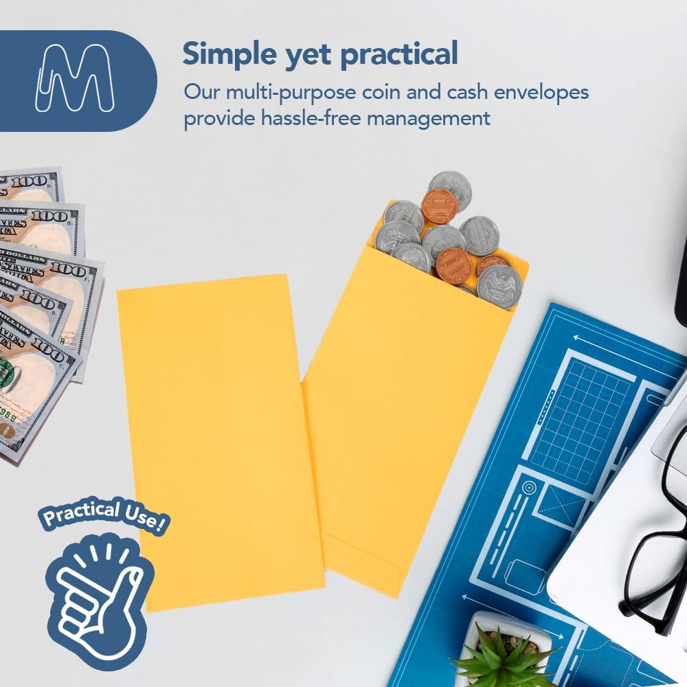 MOS #7 Gold Coin Envelopes 3.5 x 6.5 Inch 550 Pack — Self-Seal Yellow Money Envelopes for Cash, Budgeting, Savings Challenges, Seed Storage, Small Parts