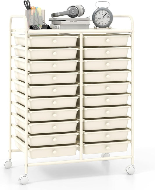 Giantex 20 Drawers Rolling Cart, Mobile Storage Drawer Cart, Classroom Organizer for Office School Supplies Tools Scrapbook Paper Craft Small Printer, Utility Stand on Wheels, Ivory White