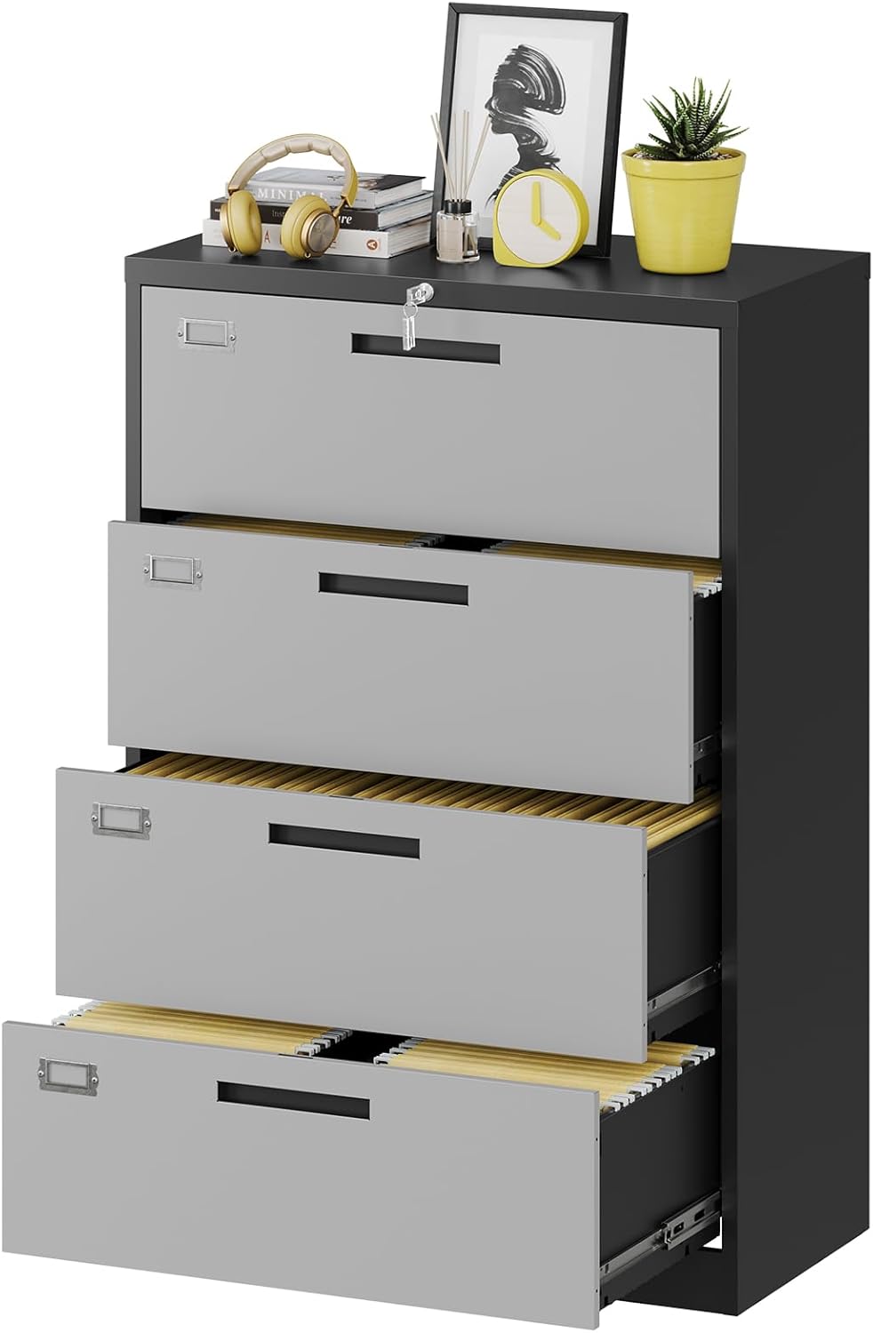 Metal Steel 4 Drawer Lateral File Cabinet with Lock, Filling Cabinets for Home Office, Lockable Storage Cabinet for Hanging Files Letter/Legal/F4/A4 Size-Assembly Required