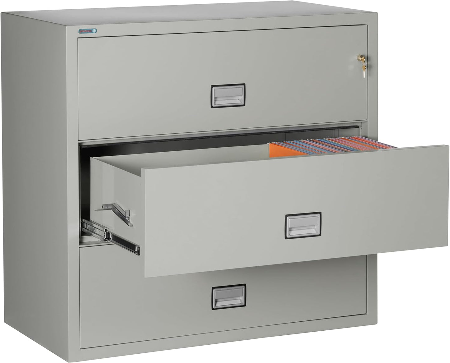 44 inch Wide 3-Drawer Lateral Fireproof File Cabinet – Legal and Letter Size Filing – Key Lock – Water Resistant – Fire Safe and Impact Rated – Light Gray Finish – Model LAT3W44LG