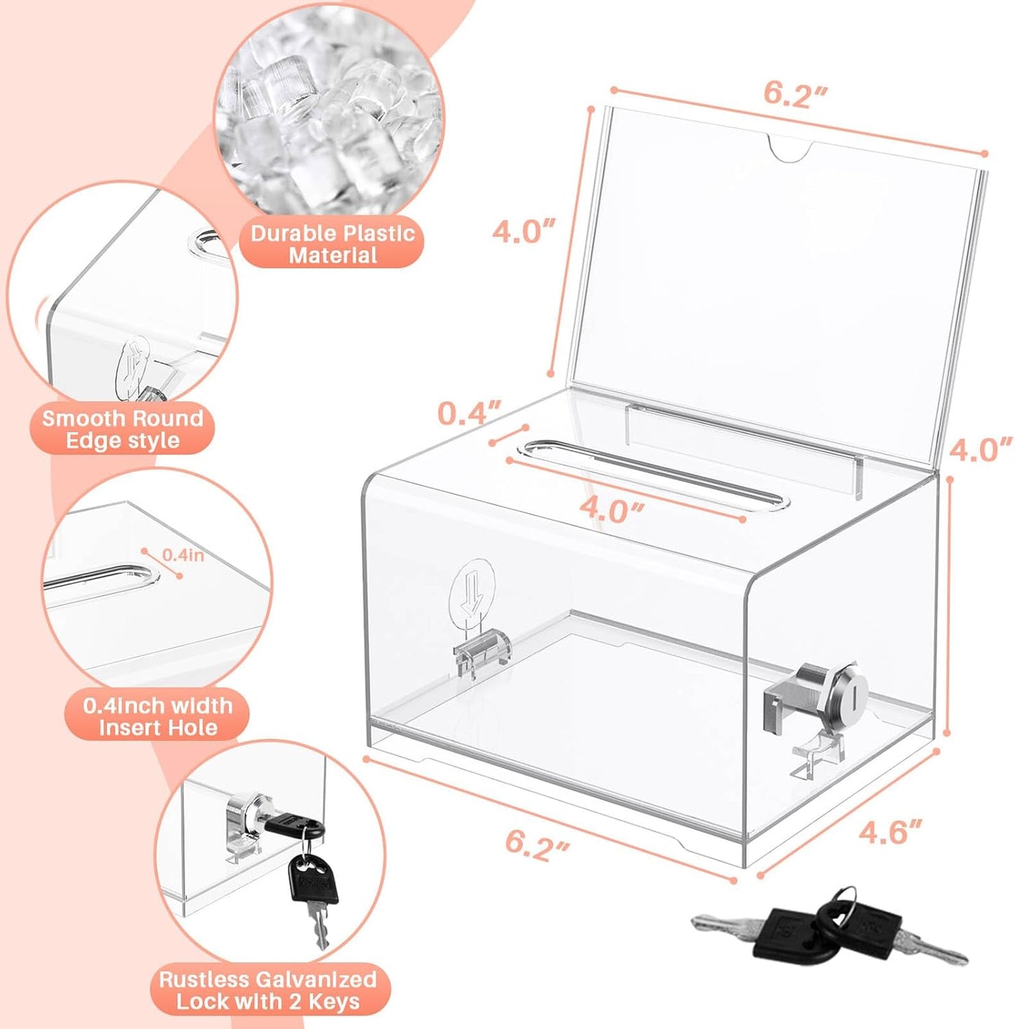 Clear Donation Box with Lock & Sign Holder, Versatile for Fundraising, Ballot Voting, Suggestions, and Tips Jar, Secure Storage Design, Size 6.2x4.6x4.0 Inch, Clear 2 Pack