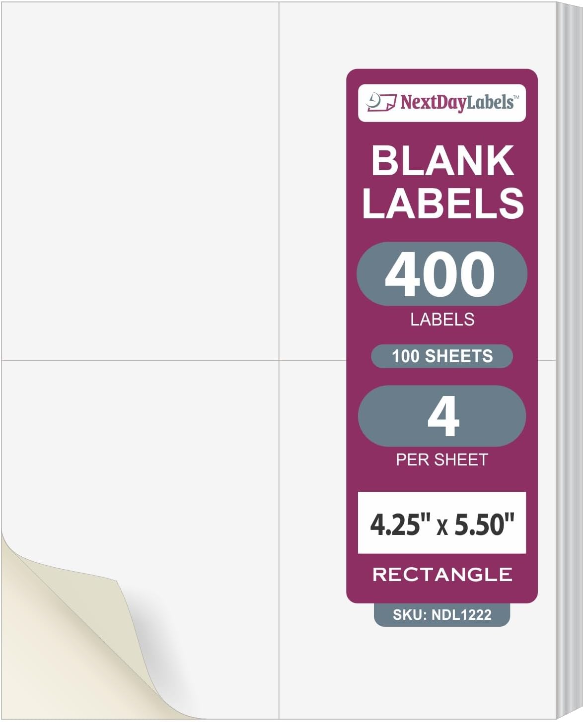NextDayLabels – 4-1/4" x 5-1/2" Rectangular Sticker Labels for Printer - White Laser/Inkjet Printer Labels Return Address Labels Shipping Label Stickers (100 Sheets, 4 Per Sheet, 400 Labels)