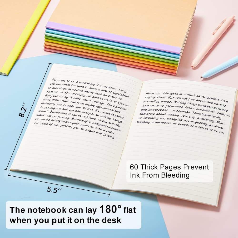 feela 56 Pack Composition Notebooks Bulk, Kraft Cover Lined Blank College Ruled Composition Travel Journals with Rainbow Spines For Women Students Business, 60 Pages, 8.3”x 5.5”, A5, 8 Pastel Colors