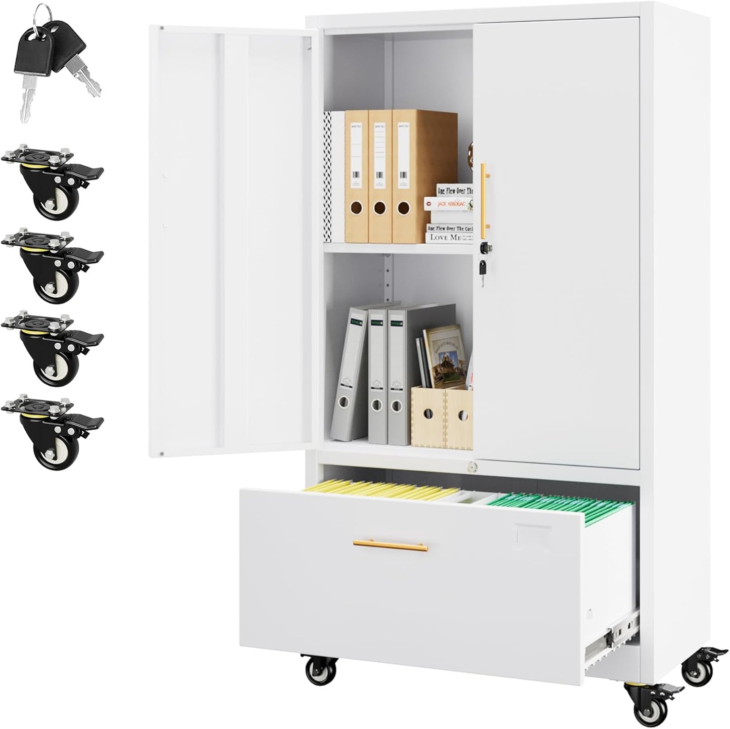 Aobabo Metal 1 Drawer Office File Cabinet with Lock and 2 Doors, Office Steel Files Cabinet with Wheels, Legal/Letter A4 Size, Assembly Required, White