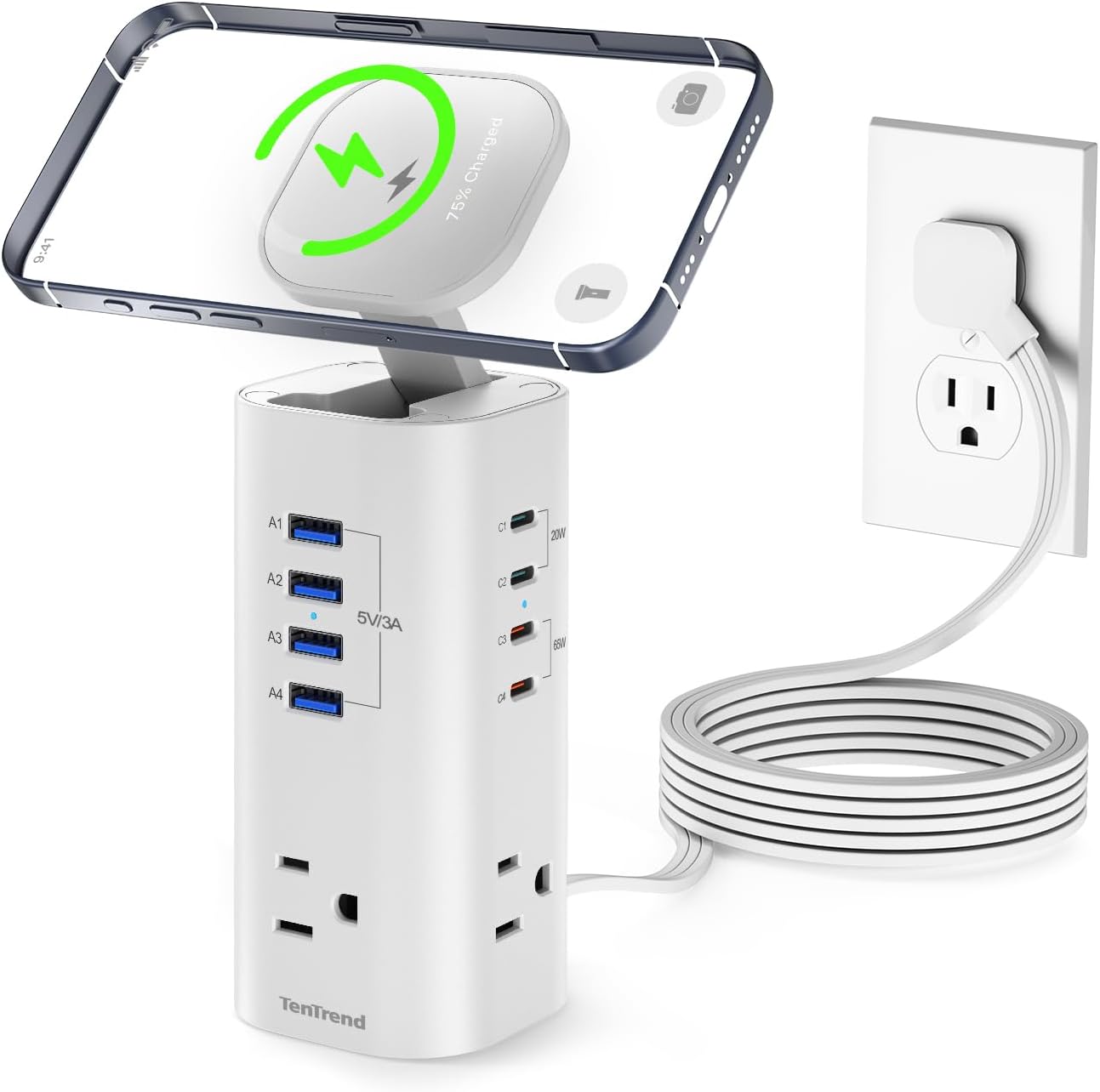 Power Strip Tower Surge Protector, TenTrend Flat Plug Extension Cord with 3AC Outlets & 8 USB Ports(4 USB-C), 115W Fast Charging Station for Home, Office Supplies, Dorm Room