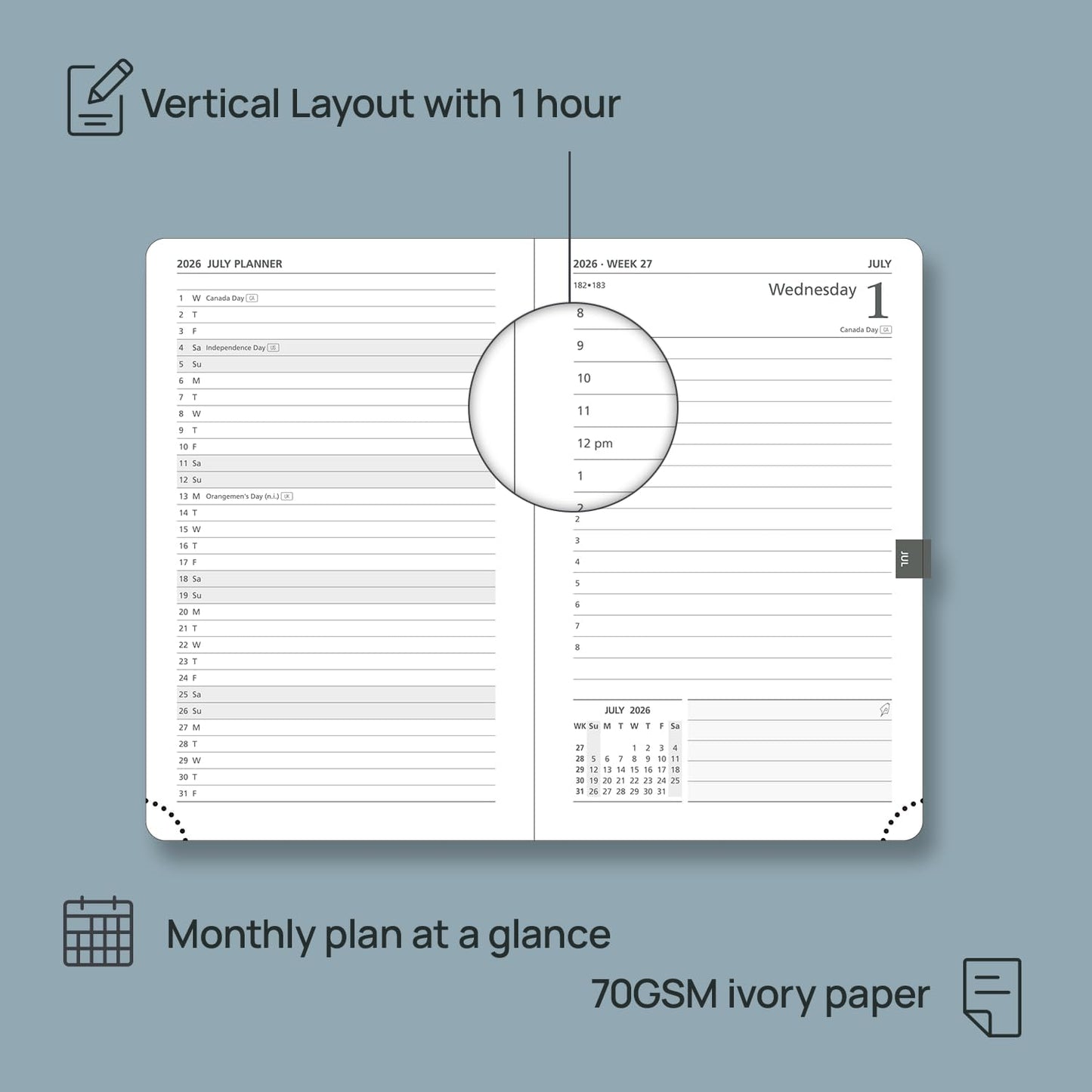 POPRUN 2026 Daily Planner One Page Per Day A6 Size Calendar (4.25" x 6.25") - 12 Months Hourly Appointment Book with Hardcover, Monthly Tabs, Pocket, Pen Holder - Orange