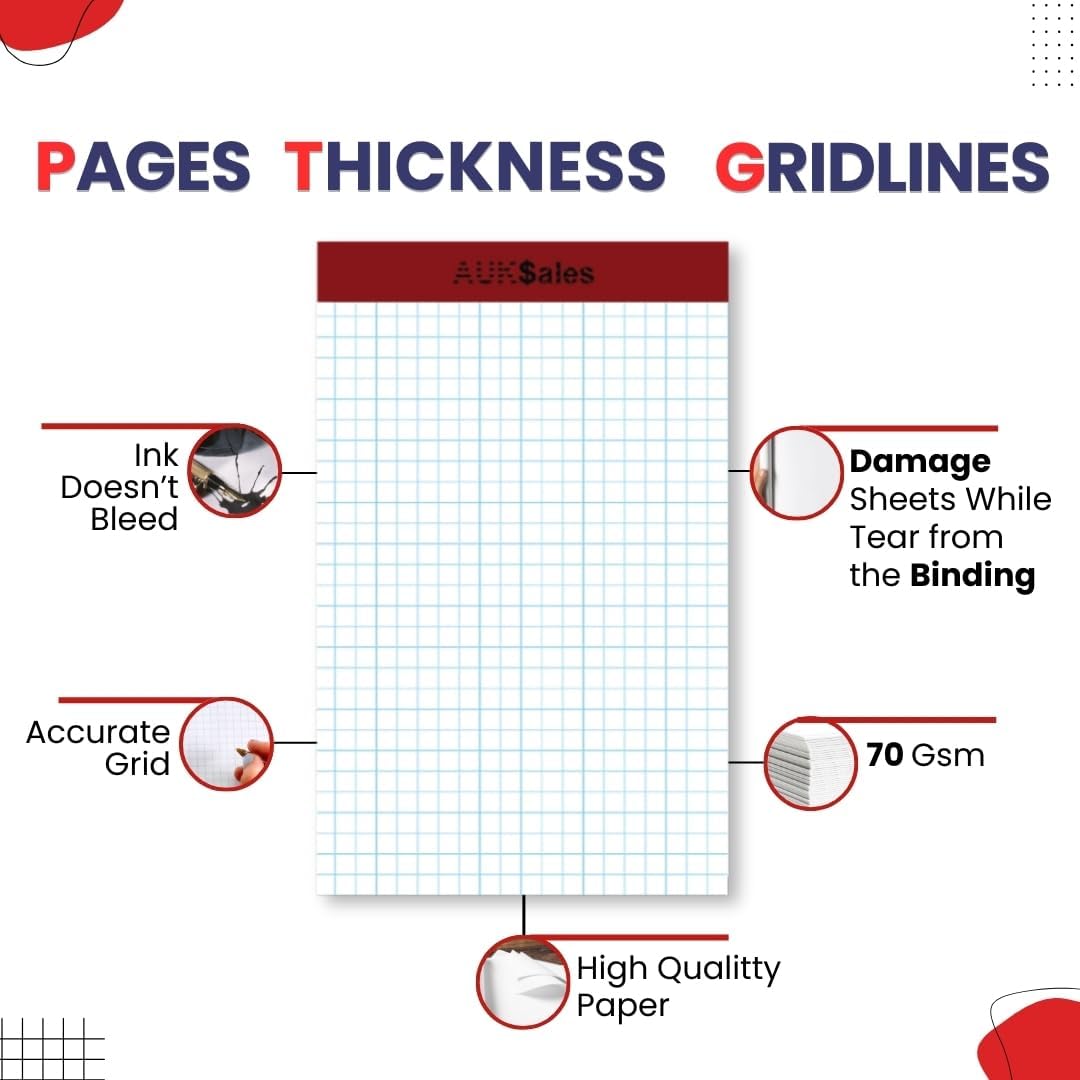 Grid Paper Pad 5x8 Inches, Graph Paper Pad 4x4, Grid Notepad, 24 Pack, 5x8 Graph Paper 1/4 Grid, Graphing Paper, Engineering Pad, 100 Sheets 200 Pages Perforated Pad for School, Home, & Office