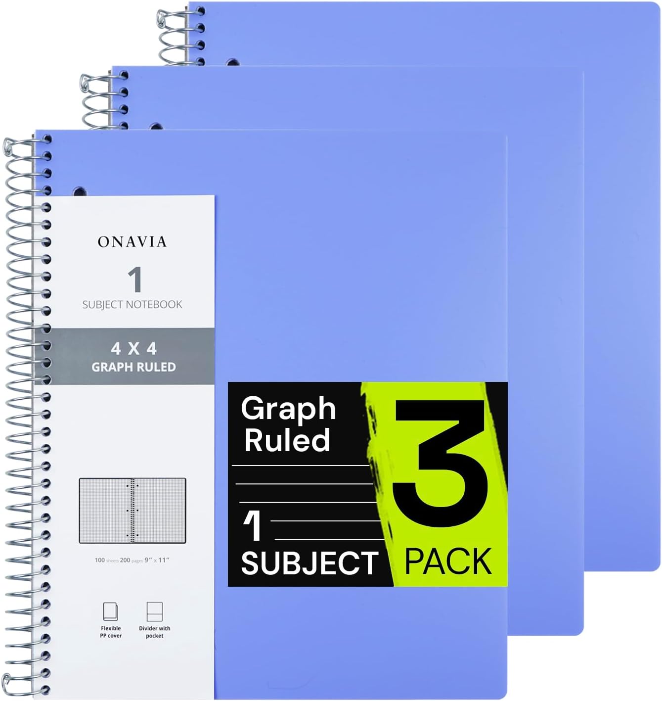 Spiral Notebook for School 3 Pack, 1 Subject, 4x4 Graph Ruled Paper, 100 Sheets, 9" x 11", 1 Divider with Pocket, 3 Hole Punched,Plastic Cover, 1/4" Grid Graphing Note Book Bulk,Cornflower Blue