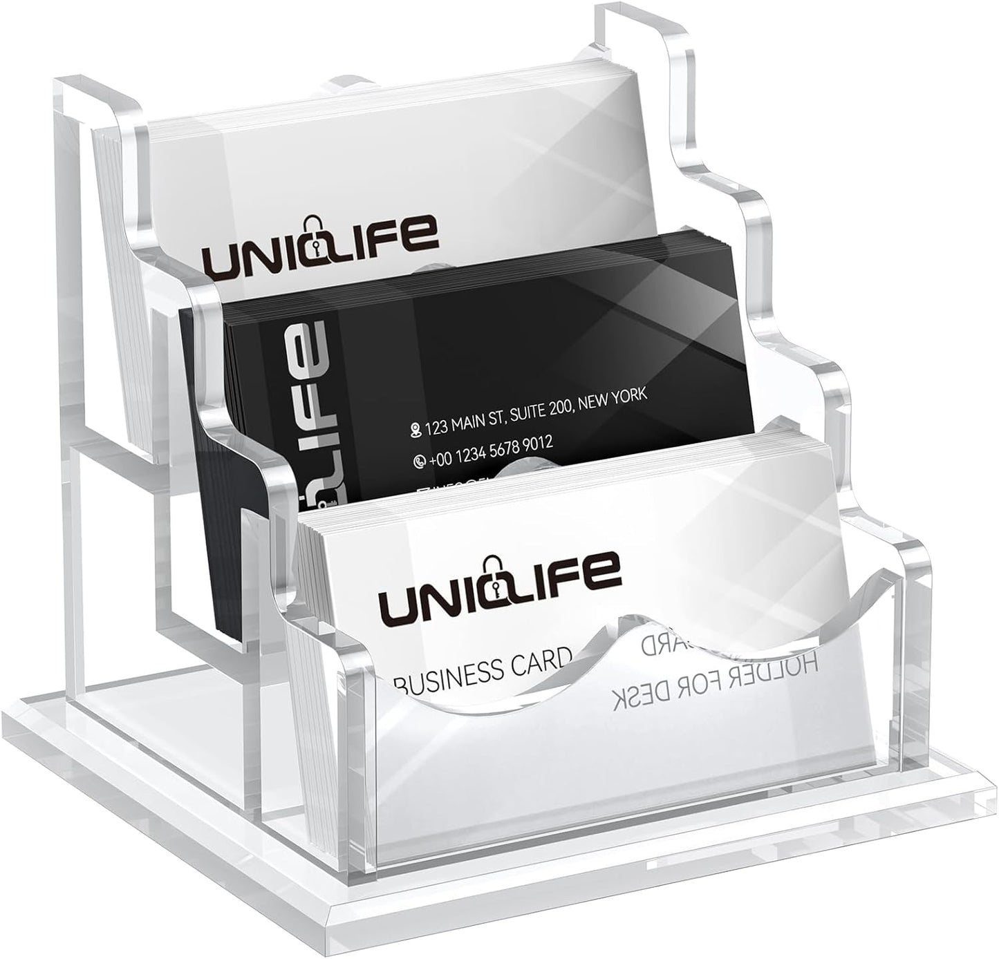 Uniclife Acrylic Business Card Holder for Desk 3 Slots Clear Horizontal Business Card Display Stand for Men & Women Desktop Name Card Organizer Card Stand for Office Home Exhibition, 180 Card Capacity