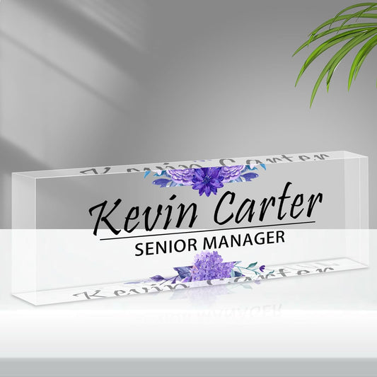 Name Plate for Desk Personalized, Acrylic Desk Decorations, Employee Appreciation Gifts, Custom Office Gifts for Coworkers, Boss, Teacher, Nurse (Purple Flowers)