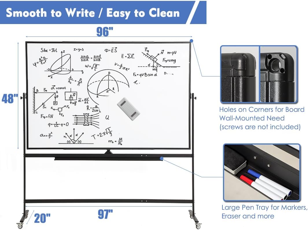Large Magnetic Mobile Whiteboard 96"x48", Rolling Double Sided Stand Whiteboard on Wheels, Reversible Adjustable Height/Angle Dry Erase Board 8' x 4' Easel White Board for Office Classroom, Black