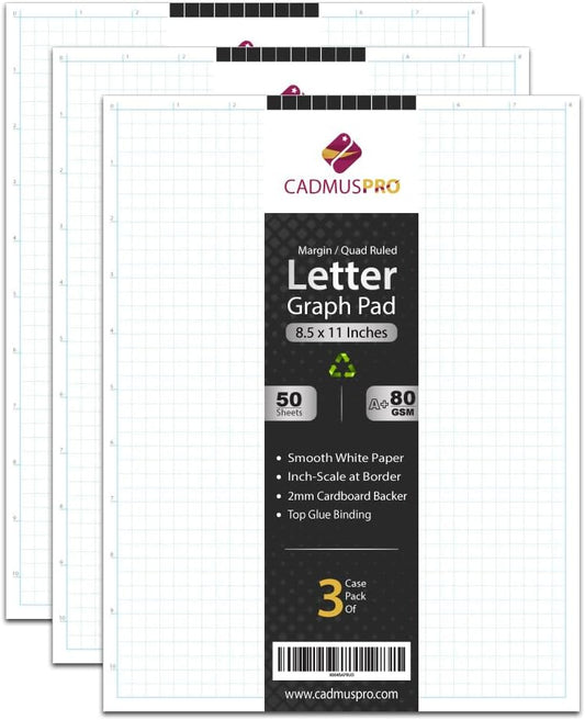Letter 8.5"x11" Premium Graph Paper Pad, ¼” Quad-Ruled Grid, 21-Gram Thick Paper, Inch-scale, 50 Sheets/sketch Pad, Top Glue Binding. Sketching & Drafting. (3, white)