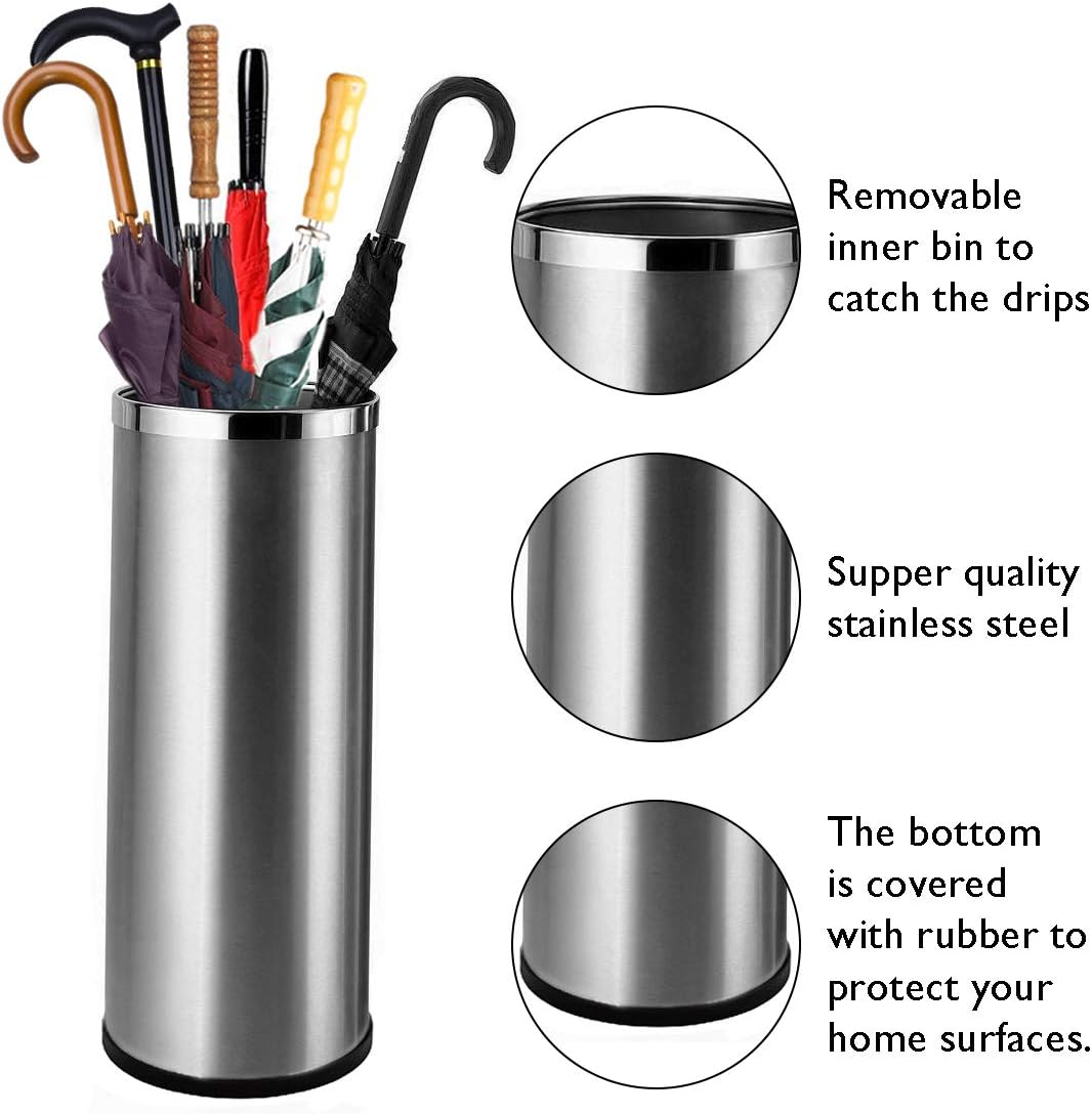 KBBRD Bennett Umbrella Stand Rack Holder for Entryway, Stainless Steel Indoor Umbrella Bin with Removable Inner Bucket 20" Tall, Hallway Décor Home Office Umbrellas Canes Walking Sticks