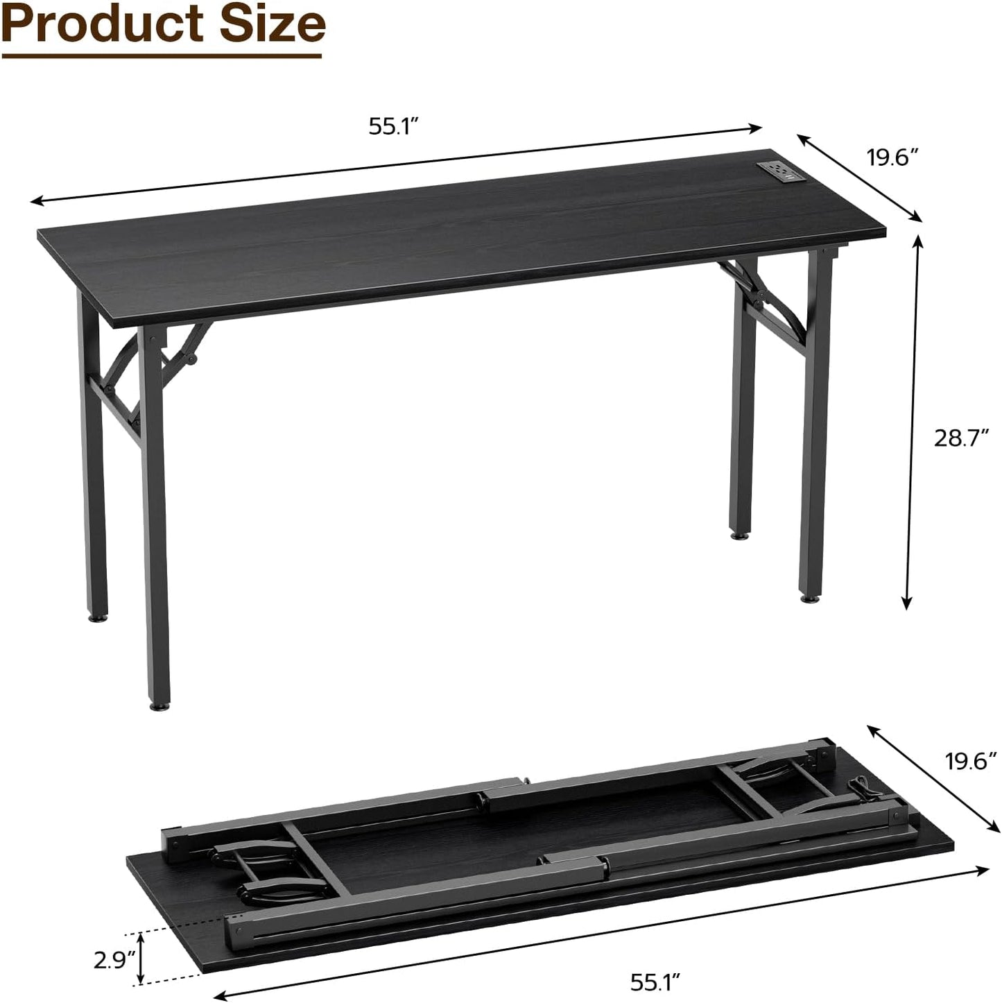 TEMI Long Computer Desk Folding Table - No Assembly, Compact 55.1" Foldable Desk with Power Outlets & USB Charging Port, Portable Lagre Office Desk, Study Table for Narrow Spaces, Dark Oak