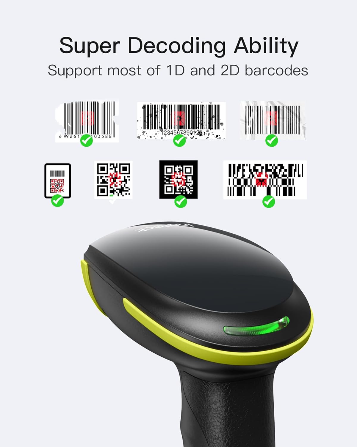 Inateck 2D Barcode Scanner with Intelligent Stand, Wireless QR Code Scanner, Handheld Scanner with APP and SDK, 2D Imager with 2600mAh Battery, BCST-35 Green