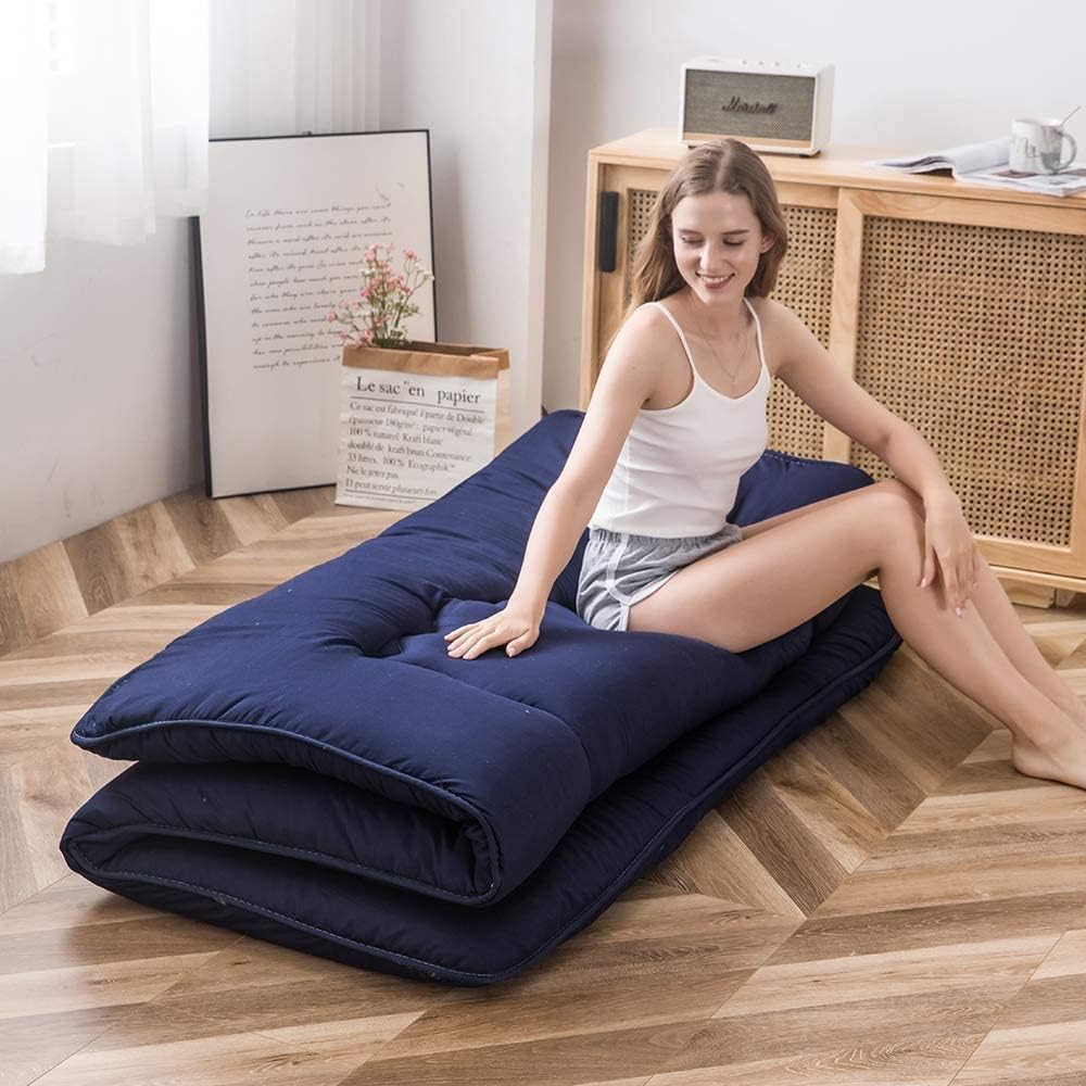 MAXYOYO Japanese Floor Mattress Futon Mattress, Thicken Tatami Mat Sleeping Pad Foldable Roll Up Mattress Boys Girls Dormitory Mattress Pad Kids Floor Lounger Pillow Bed, Navy, Twin Size