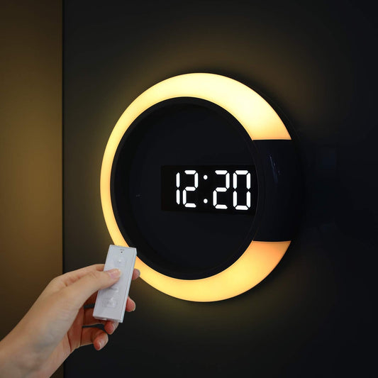 mooas Mood Light LED Silent Digital Wall Clock with Remote, Backlit Nightlight, Modern Digital LED Wall Clock Display Alarm Clock Melody 5 Brightness for Bedroom Living Room