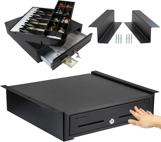 Volcora Manual Push Open Cash Register Drawer with Under Counter Mounting Metal Bracket - 16" Black Front Touch Panel Cash Drawer for POS, Fully Removable 5 Bill 8 Coin Tray, Key-Lock