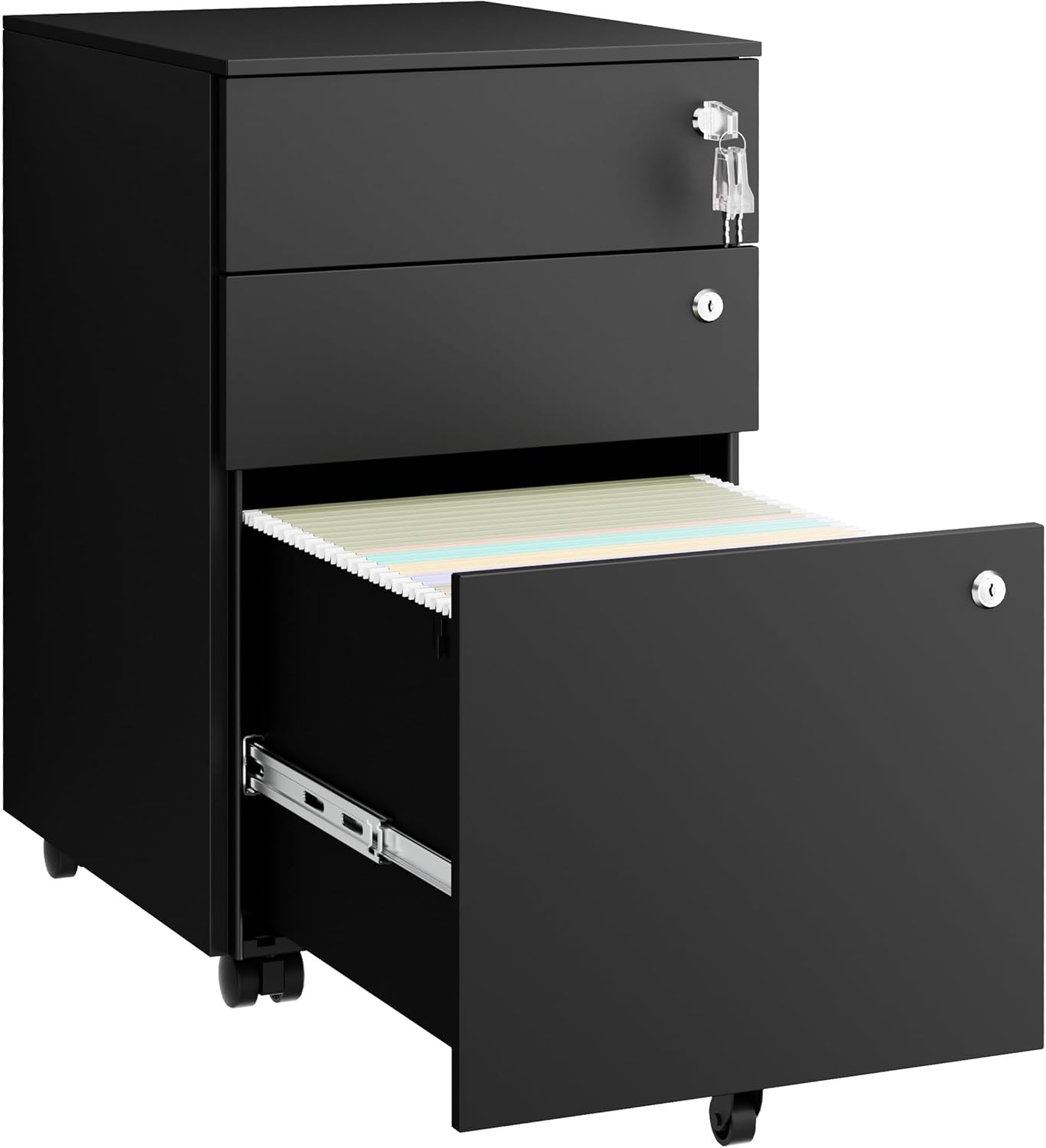 Mobile File Cabinet with 3 Locks, 3 Drawer File Cabinets for Home Office, Under Desk Metal Filing Cabinet for A4/Letter/Legal, Lockable, Fully Assembled Except Castors, Black