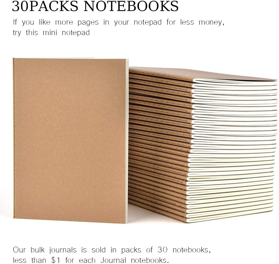 30 Pack Journal Notebook, Kraft Cover Lined Paper Journal for Traveler, Notes, Memo - Bulk Journals Sewn Brown Notebook, 80 Pages, 8.3'' x 5.5''