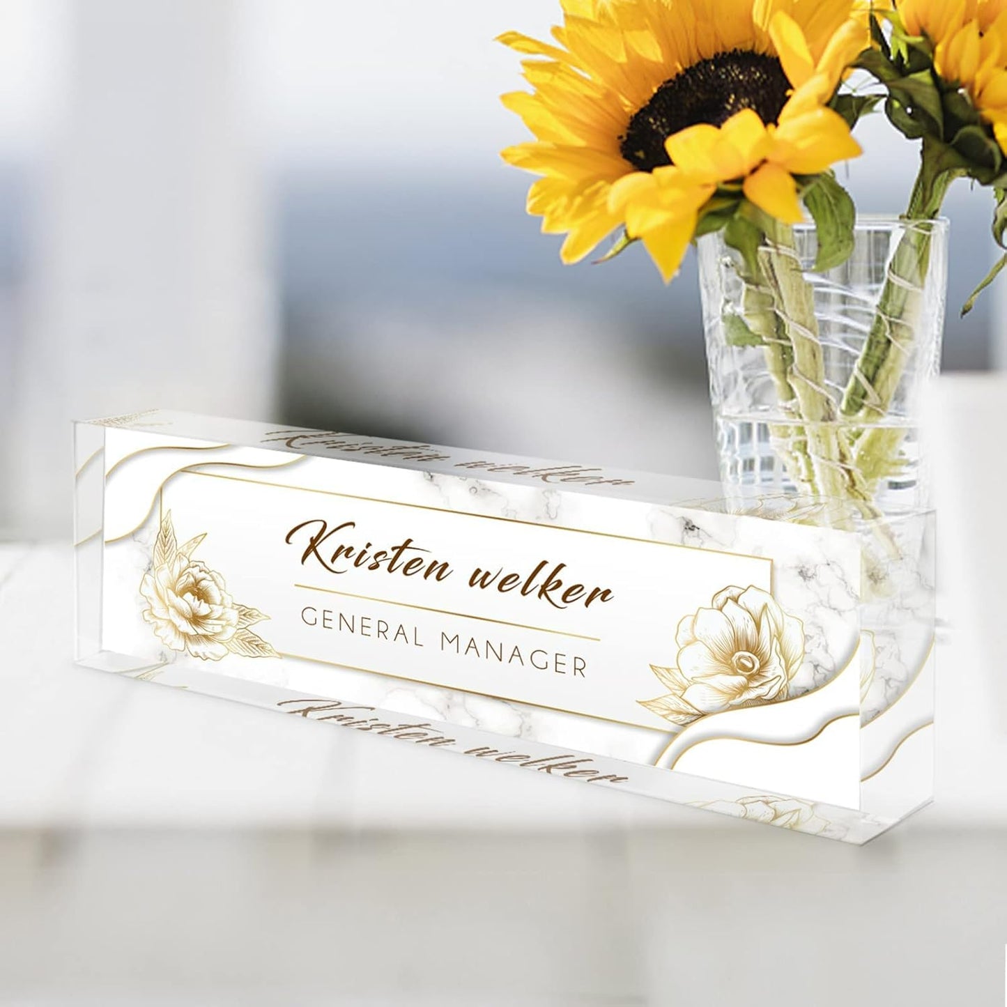 Desk Name Plate Personalized, Premium White Marble Flowers Acrylic Desk Name Plate, Personalized Name Plate for Desk, Office Decor for Women or Men Coworkers, Boss, Employee, Teacher