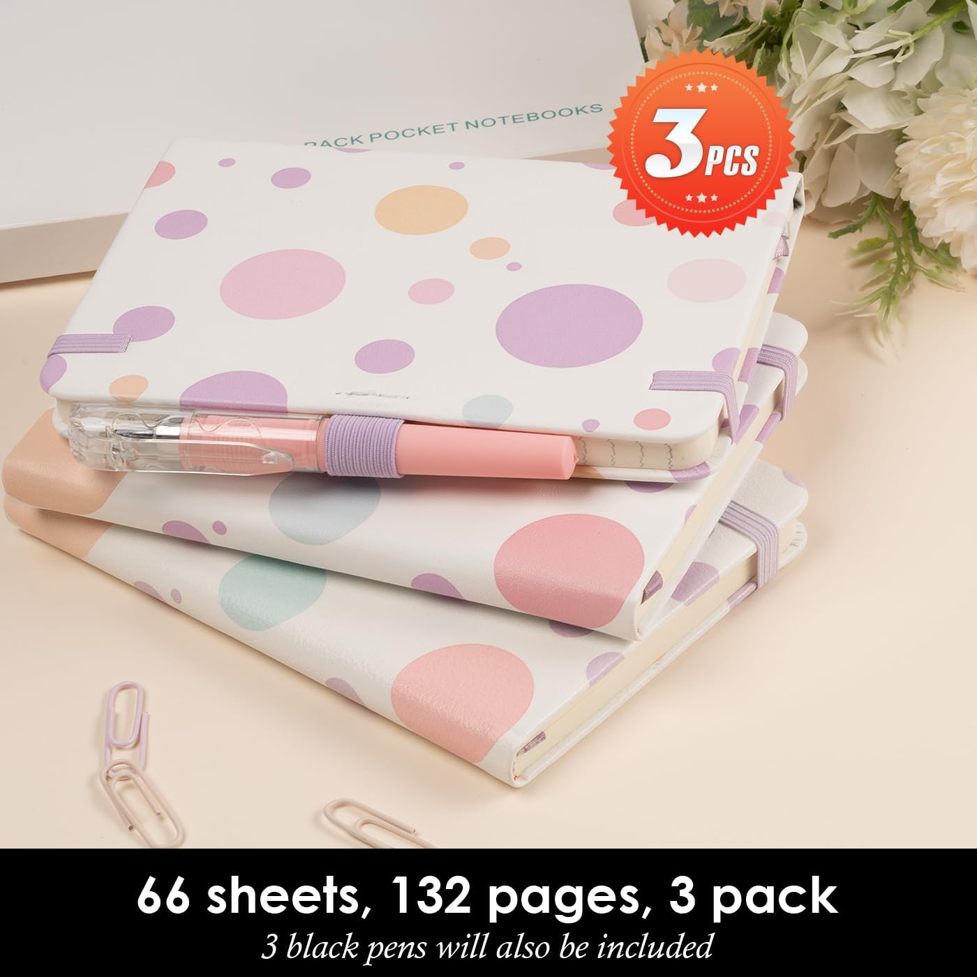 Small Journal Pocket Notebook with Pen, 3 Pack Cute Mini Notebook for Girls/Kids/Women, (Color Bubbles) 3.7" x 5.7", 100GSM Lined Paper, Aesthetic Hardcover Leather Cover Note Pad