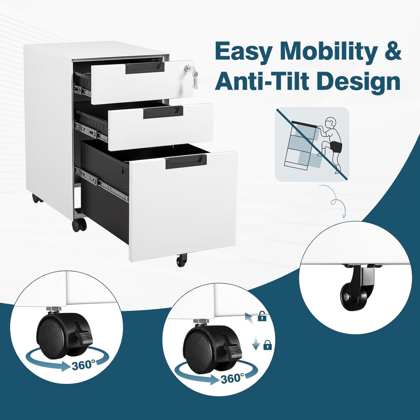 MIIIKO 3 Drawer Filing Cabinet with Lock, Metal Vertical File Cabinets for Home Office, Full Assembled File Cabinets Under Desk, Letter/Legal/A4 File Folders Storage