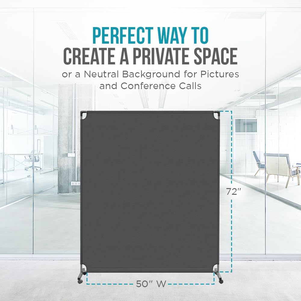 Steel-AID 50-inch Rolling Privacy Room Divider - Freestanding Office Wall Partition with Non See-Through Blackout Screen - Sturdy & Durable Iron Frame - Rolling Wheels - Black, White, Gray & Blue