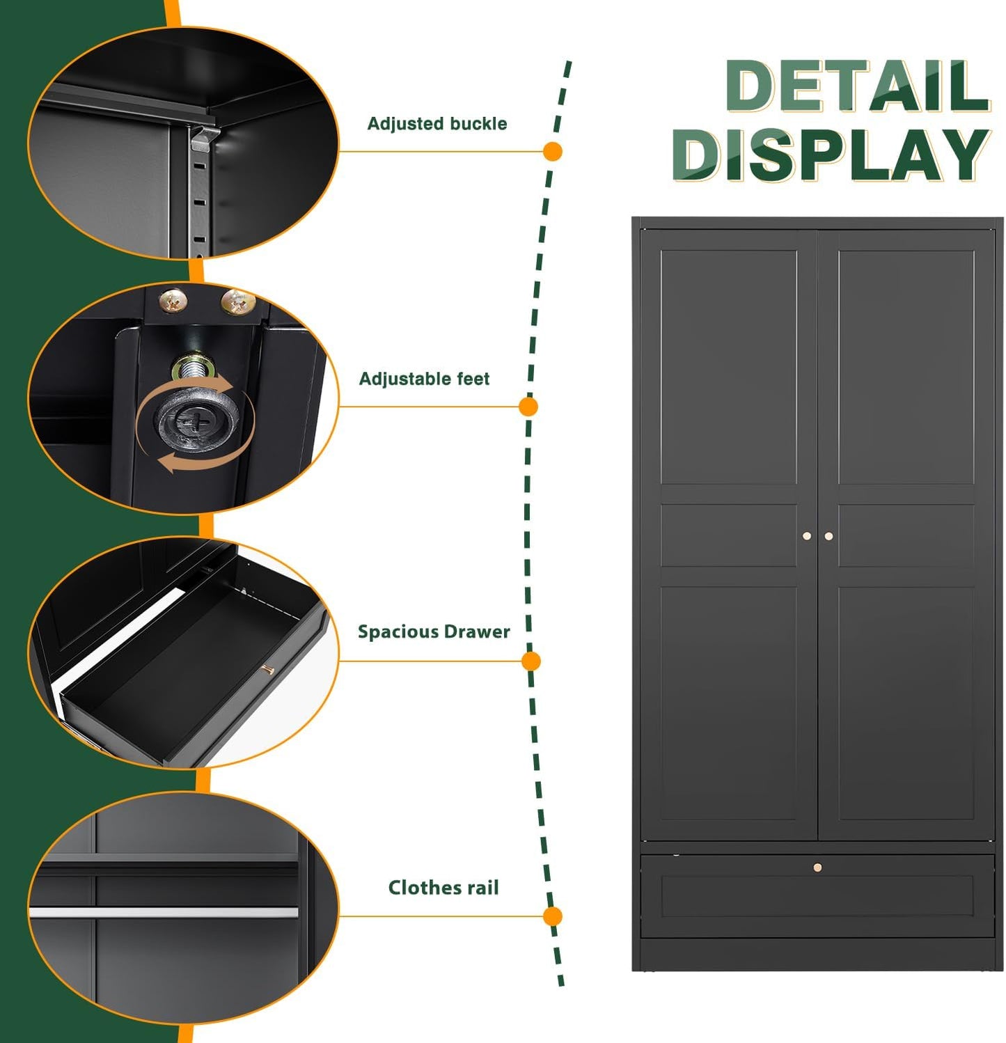 Letaya Wardrobe Closet,72" H Clothing Metal Storage Cabinet with Storage Drawer Adjustable Shelves and Hanging Rod,Bedroom Armoire Cabinet Clothes Organizer (Black)