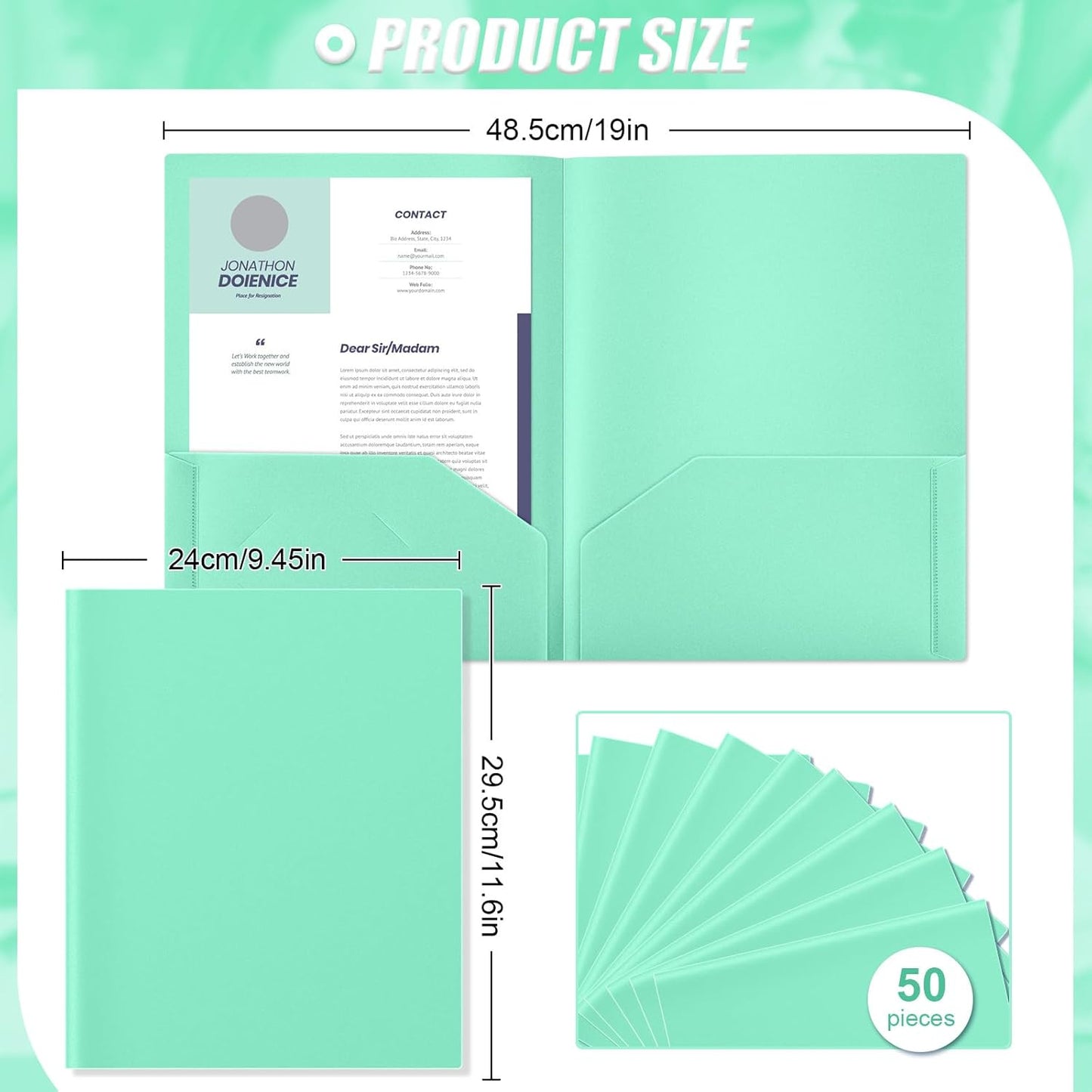 Gueevin 50 Pcs Plastic Folders with Pockets, Back to School Two Pocket Folder Fit Letter Size, Heavy Duty School Business Card Holder for Home Office, 11. 61 x 9. 45 Inches (Light Green)