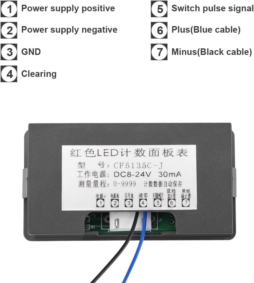 Digit Counter, DC 8-24V 4 Digit LED Digital Display 0-9999 Up/Down Plus/Minus Panel Counter Meter with Cable (Blue)