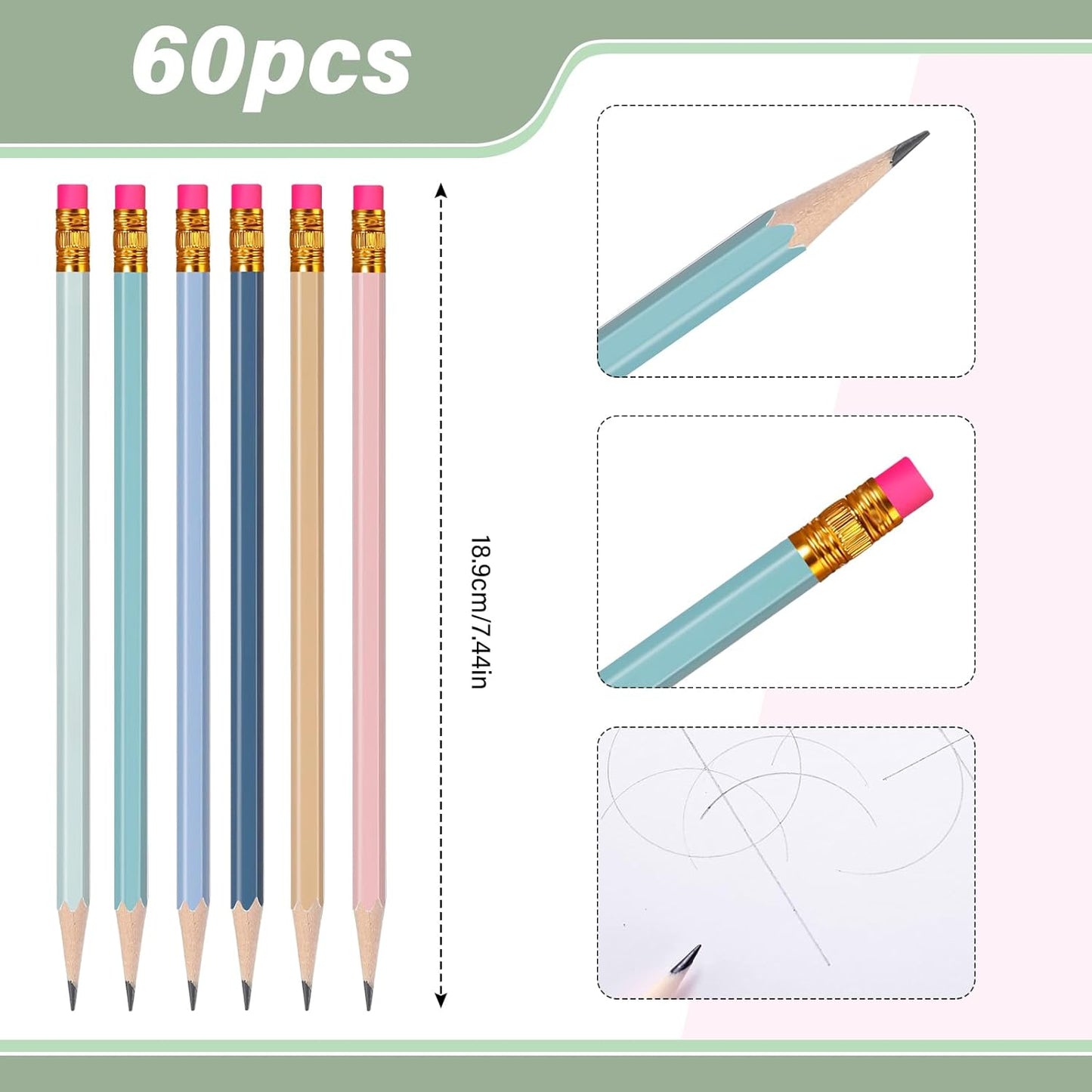 TecUnite 60 Pcs HB Pencils #2 Unsharpened Wood Cased Pencils with Eraser Hexagonal Pencil Cute Graphite No 2 Pen for Adults Gifts Exam School Office Sketching Learning(Morandi Colors, Gold)