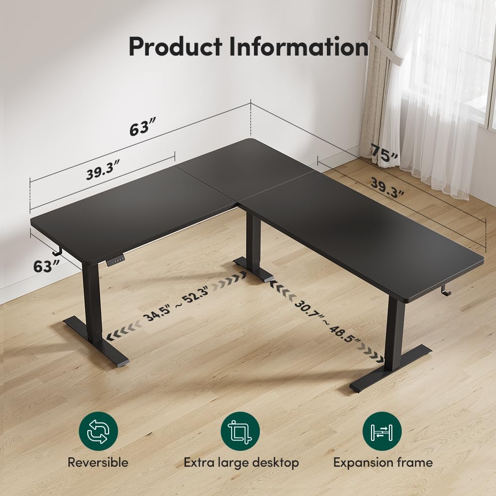 FEZIBO 75x63 L Shaped Standing Desk, Electric Height Adjustable L Shaped Desk, Suitable for Home Office, Black