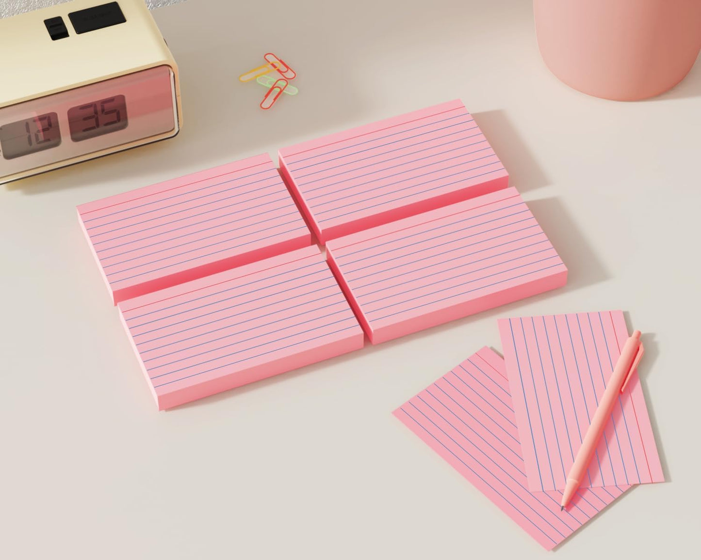 Pink Index Cards 3x5, 200 Pack, Ruled Index Cards, Flash Cards for Studying, Heavy Note Cards for Office, Home and School, 4 Packs of 50
