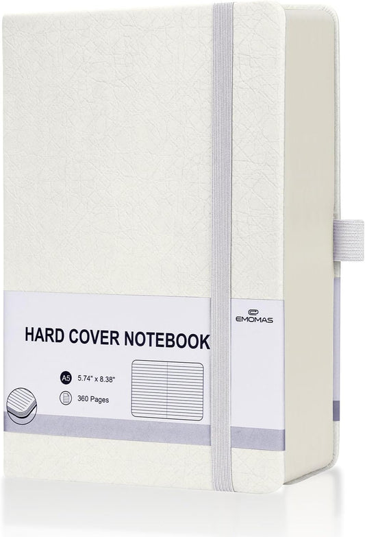 Lined Journal Notebook, 360 Numbered Pages(With page number), Thick Journal for Writing A5 College Ruled Notebook, 100gsm Lined Paper, Leather Hardcover, 5.75'' X 8.38''-1 Pack, White