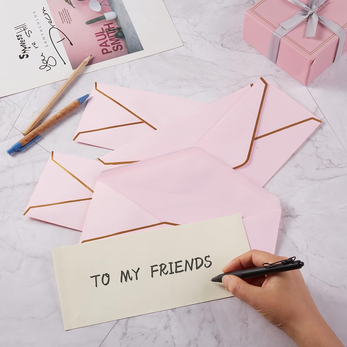 30 Pack Thick #10 Business Envelopes with Gold Border, 4 1/8 x 9 1/2 Thick Paper Standard Envelopes with Stickers for Office, Checks, Letter Mailing, Invoices (Light Pink)