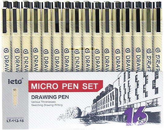 Muchcute Micro Fineliner Drawing Art Pens: 16 Black Fine Line Waterproof Ink Set Artist Supplies Archival Inking Markers Liner Professional Sketch Outline Anime Sketching Watercolor Zentangle Stuff