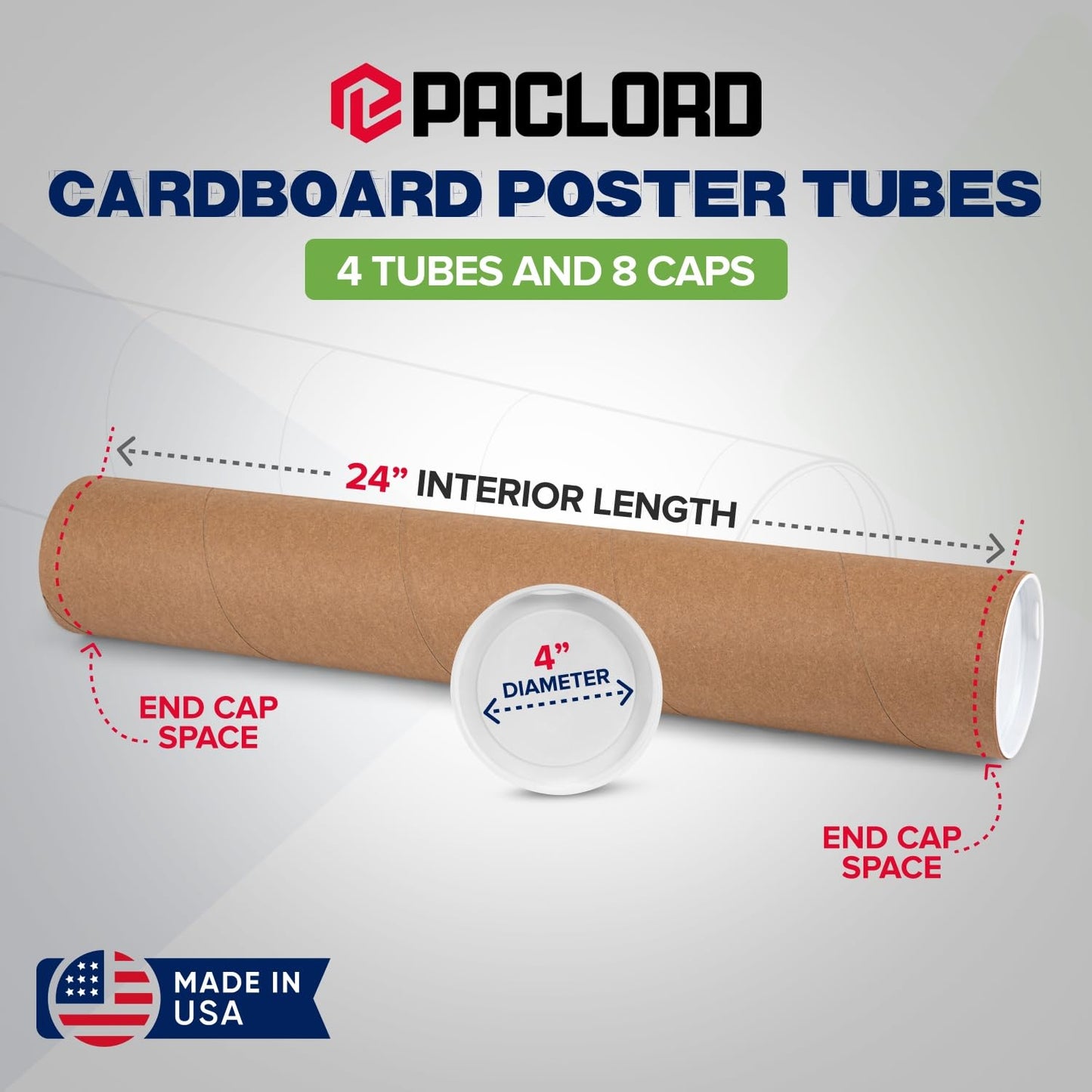 4" x 24" Reinforced Kraft Paper Mailing Tubes, Pack of 4 Tubes with 2 Caps Each – USPS Approved Poster Tube – Made in USA Cardboard Tube for Shipping and Storing Posters, Prints, Artwork, or Documents