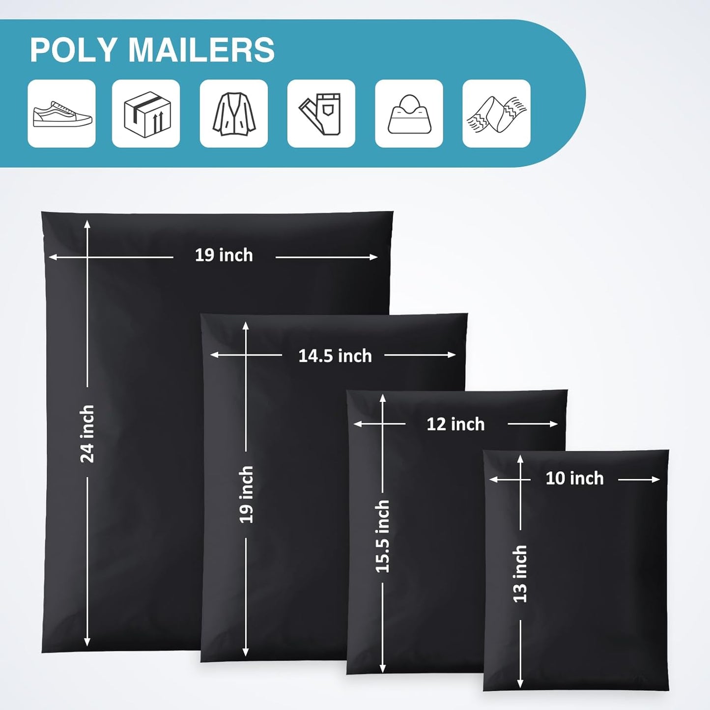 UCGOU 100 Pack Black Poly Mailers Variety Size Pack, 10x13 Inch & 12x15.5 Inch & 14.5x19 Inch &19x24 Inch, 25 PCS Each Shipping Bag, Self-sealing Adhesive Mailers Assorted Sizes for Small Business
