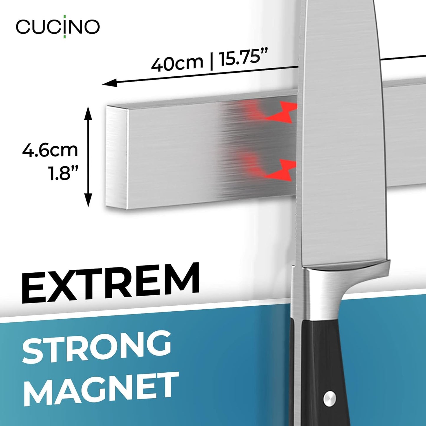CUCINO Magnetic Knife Holder for Wall 16" - No Drilling incl. Self Adhesive Tape - Extra strong Magnet - Awarded Strip - Made of Stainless Steel