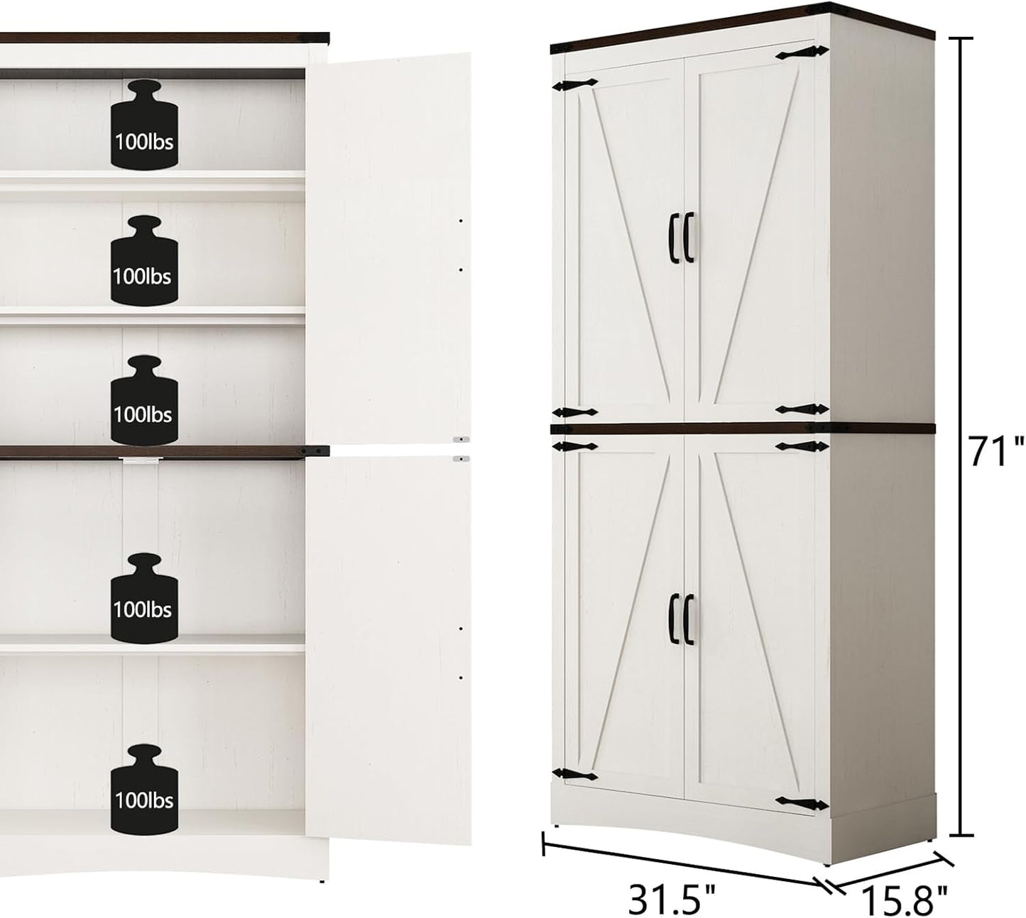 71in Farmhouse Kitchen Pantry Cabinet,Tall Storage Cabinet with 4 Doors and Adjustable shelves,with Load-Bearing Steel Pipe,Wood Storage Cabinets for Kitchen,Dining Room,Bathroom(White)