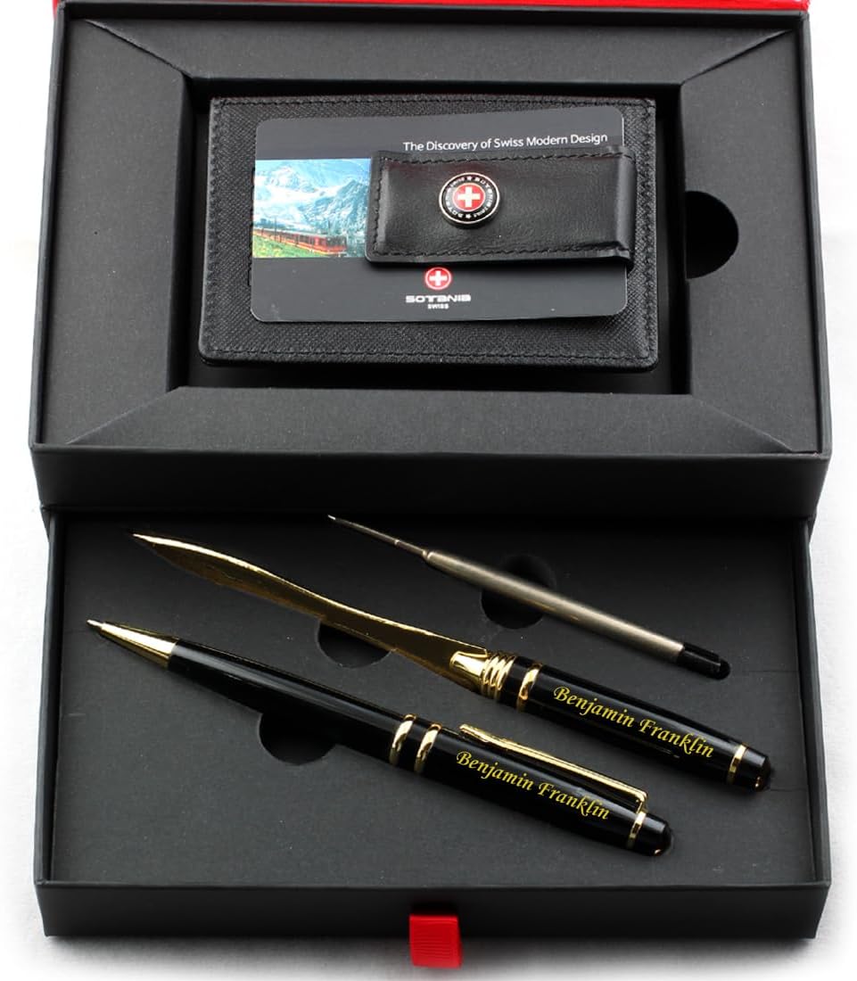 Free engraving - 24K Gold, Mens Leather Money Clips, Roller Ballpen, Ballpoint pen, Ball pen, Groomsmen Gift,Three Lines Each 20 Characters, Free Customization (Silver_Gift_Set)