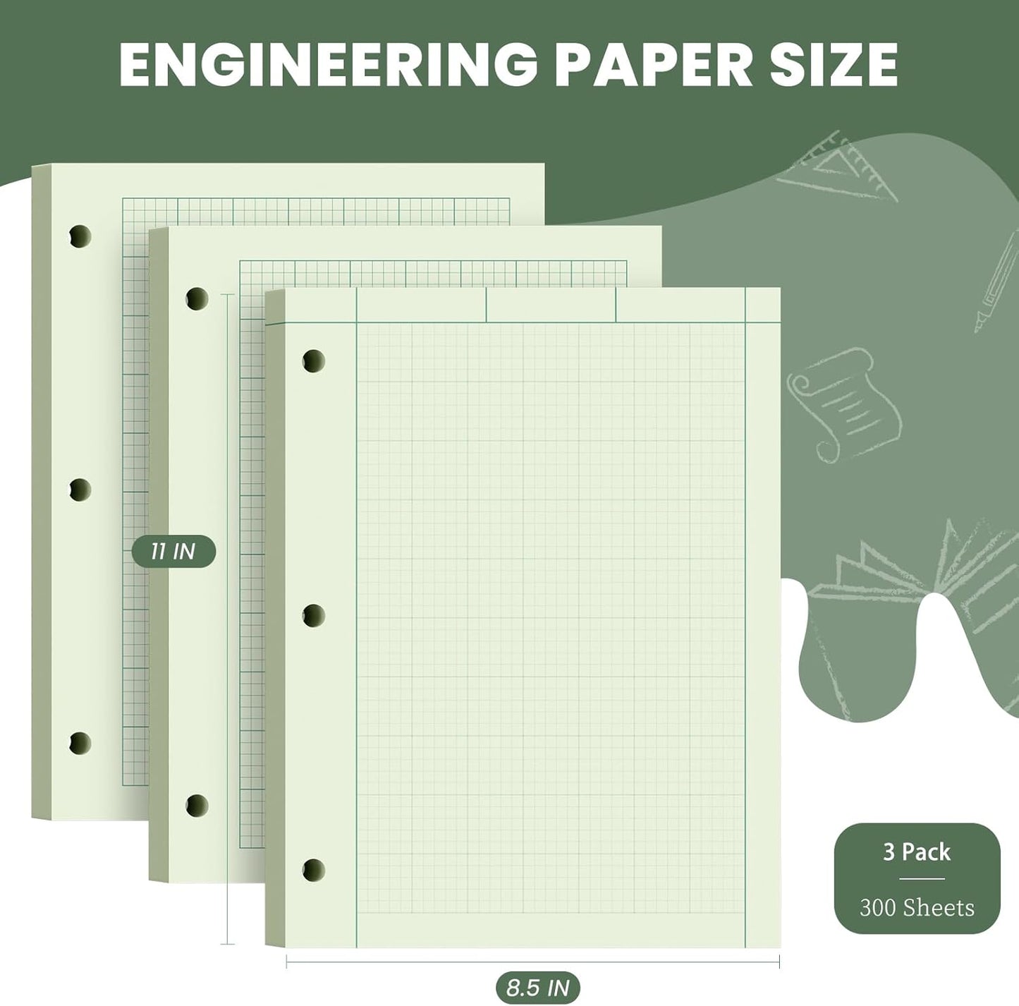 Engineering Paper 8.5 x 11, 3 Pack Engineering Notebook, 5x5 Quad Ruled, 3-Hole Punched Graph Paper, Top Binding Green Engineering Computation Pad 8.5 x 11, 100 Sheets/Pad Engineering Paper Notebook