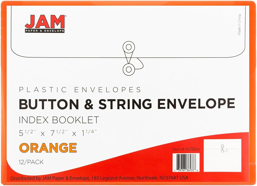 JAM PAPER Plastic Envelopes with Button & String Tie Closure - Index Size - 5 1/2 x 7 1/2 - Orange - 12/Pack
