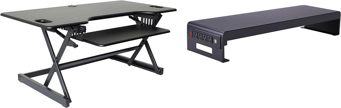 Rocelco 46" Large Height Adjustable Standing Desk Converter with Double Monitor Mount Stand BUNDLE - Quick Sit Stand Up Computer Workstation Riser - Retractable Keyboard Tray - Black (R DADRB-46-DMS)