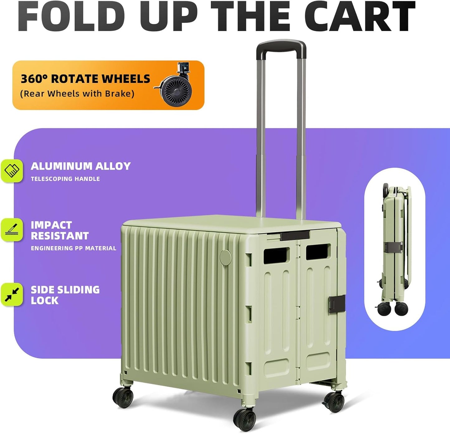 Heavy Duty Rolling Cart for Stairs：Collapsible Utility Crate with Wheels & Handle Foldable Tote Box for Toolbox Trade Show Supplies Teachers TODAYGO Mobile Storage Cart with Lid