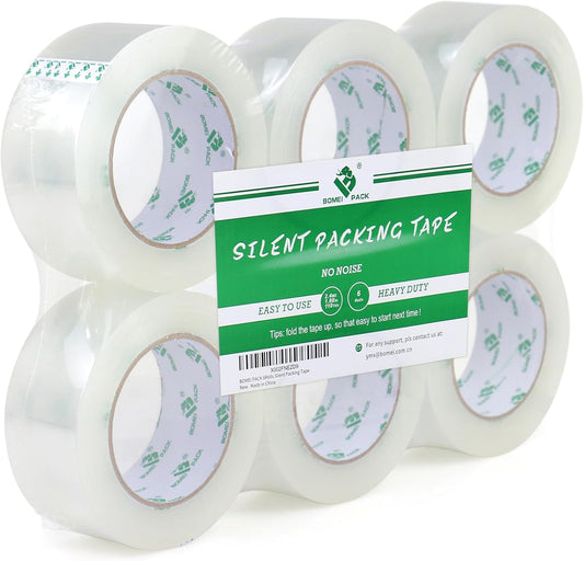 BOMEI PACK Silent Packing Tape, 2.4Mil x 1.88” x 110yds, Heavy Duty Clear Packaging Tape for Moving Boxes, 6 Rolls