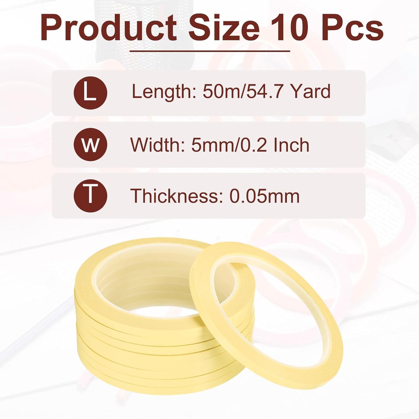 MECCANIXITY 10 Rolls Whiteboard Tape Graphic Chart Tape 5mm 54.7 Yard Art Tape Thin Self-Adhesive Pinstripe Tape Masking Tape for Gift Wrapping Craft Supplies, Light Yellow